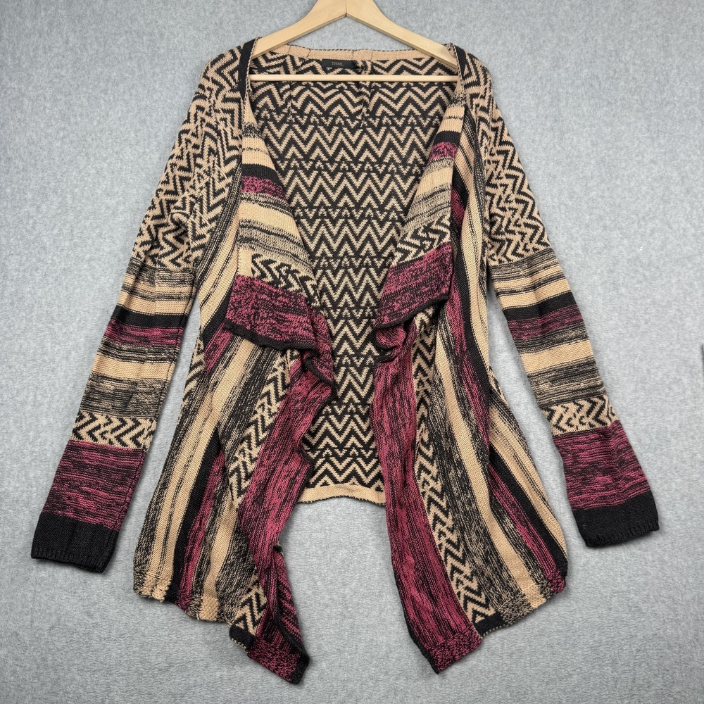 THML Sweater Womens M Beige Black Pink Open Front Cardigan Chevron Draped Boho